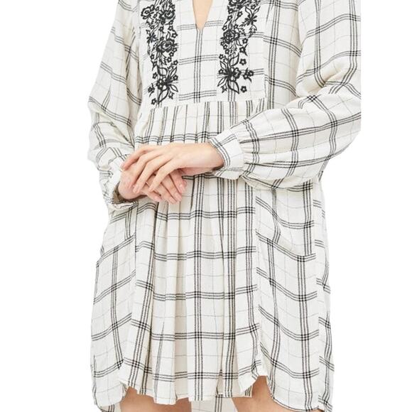 NWT Zara Off White Check Plaid Embroidered Dress Long Sleeve High Neck Pockets M - Picture 3 of 16